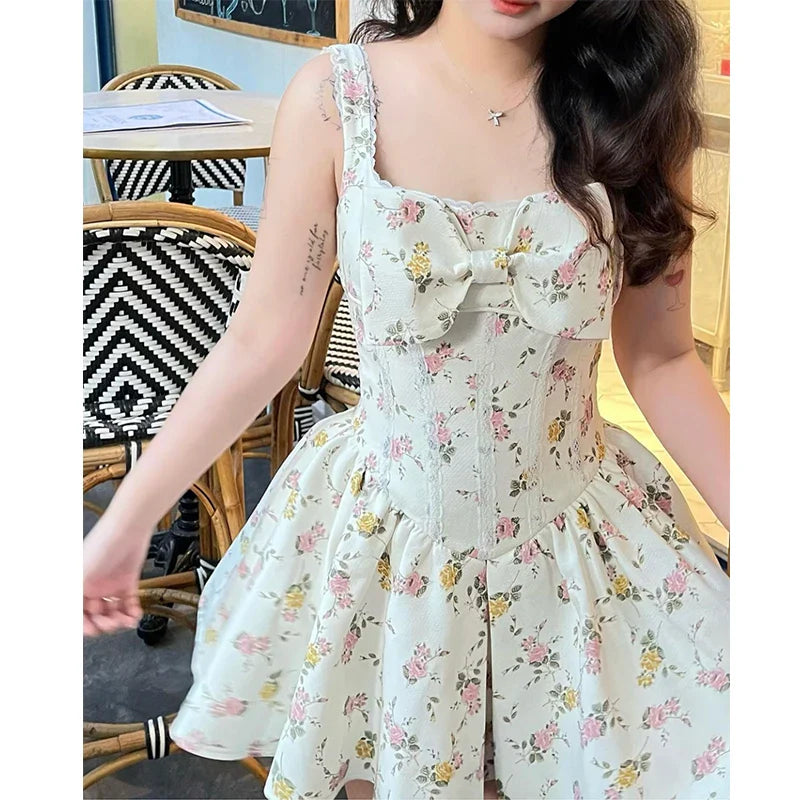 lovwvol   Summer 2024 Bow Floral Print Lace Trim Mini Dress Women Low Waist Pleated Hem  Party Tank Dresses Holiday Robe