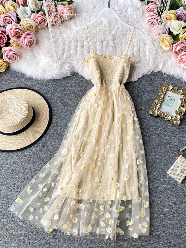 lovwvol   Summer Beach Mesh Floral Dress Women Vintage Elegant Sexy Beach Sundress Woman Party Night Korean Kawaii Vestidos