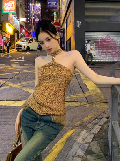 lovwvol  -  Y2k Aesthetic Hollow Out Leopard Sexy Tank Top Women Streetwear Backless Bandage Tanks Harajuku Halter Slim Fit Vintage Tops