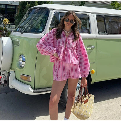 lovwvol Striped Lace Up Shirt Shorts Set Women Loose O-neck Lantern Sleeve Blouse Suit 2 Piece 2024 Summer Lady Loose Solid Beachwear