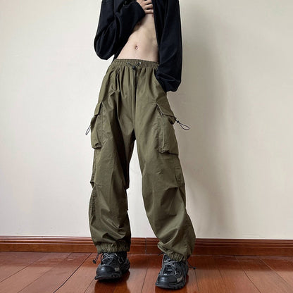 Women Casual Joggers Tech Pants Vintage Solid Low Waist Drawstring Baggy Trousers Y2K Wide Leg Sweatpants Streetwear Cargo Pants