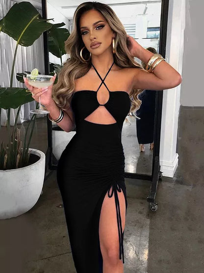 Hot Summer Sexy Halter Backless Sleeveless Cut Out Maxi Dress for Women Elegant Club Party Slit Dresses Vestido