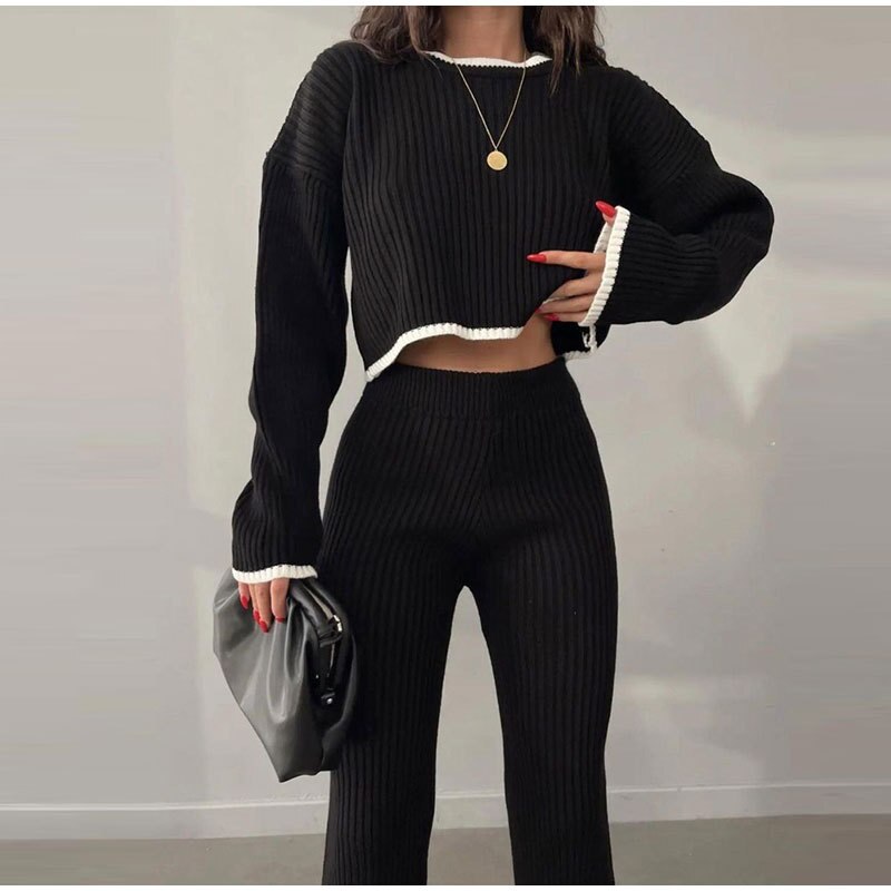 lovwvol lovwvol Two Piece Set Women Casual Panelled Side Split Trouser Suits Female 2023 Spring Crop Sweater High Waist Ladies Suits