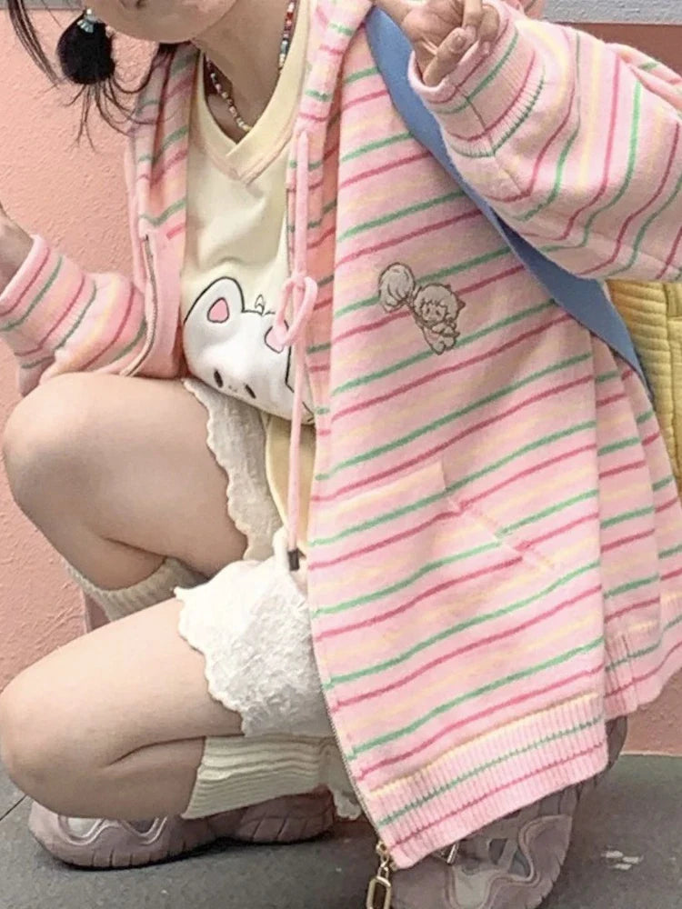 Kawaii Sweet Harajuku Knitted Cardigan Japanese Fashion Y2k Striped Cute Cartoon Embroidery Sweater Soft Gril  Chic