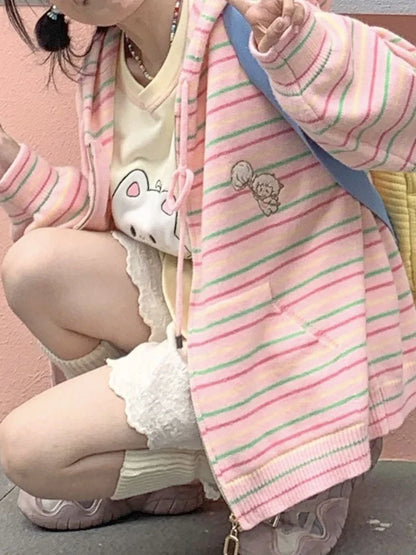 Kawaii Sweet Harajuku Knitted Cardigan Japanese Fashion Y2k Striped Cute Cartoon Embroidery Sweater Soft Gril  Chic