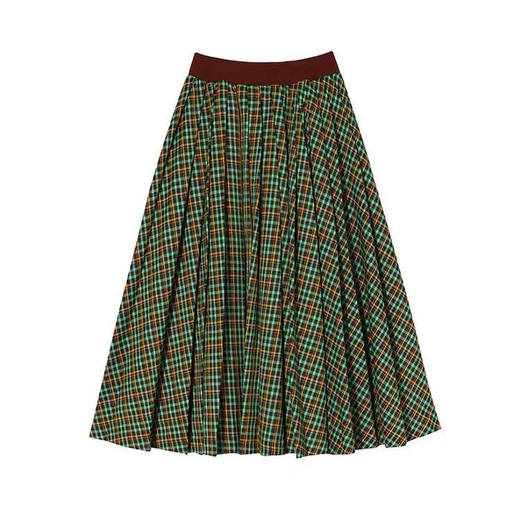 lovwvol Large Vintage Plaid Skirts for Woman Autumn New Design Pleated Skirt Korean Fashion Faldas Long Elastic Waist Skirts