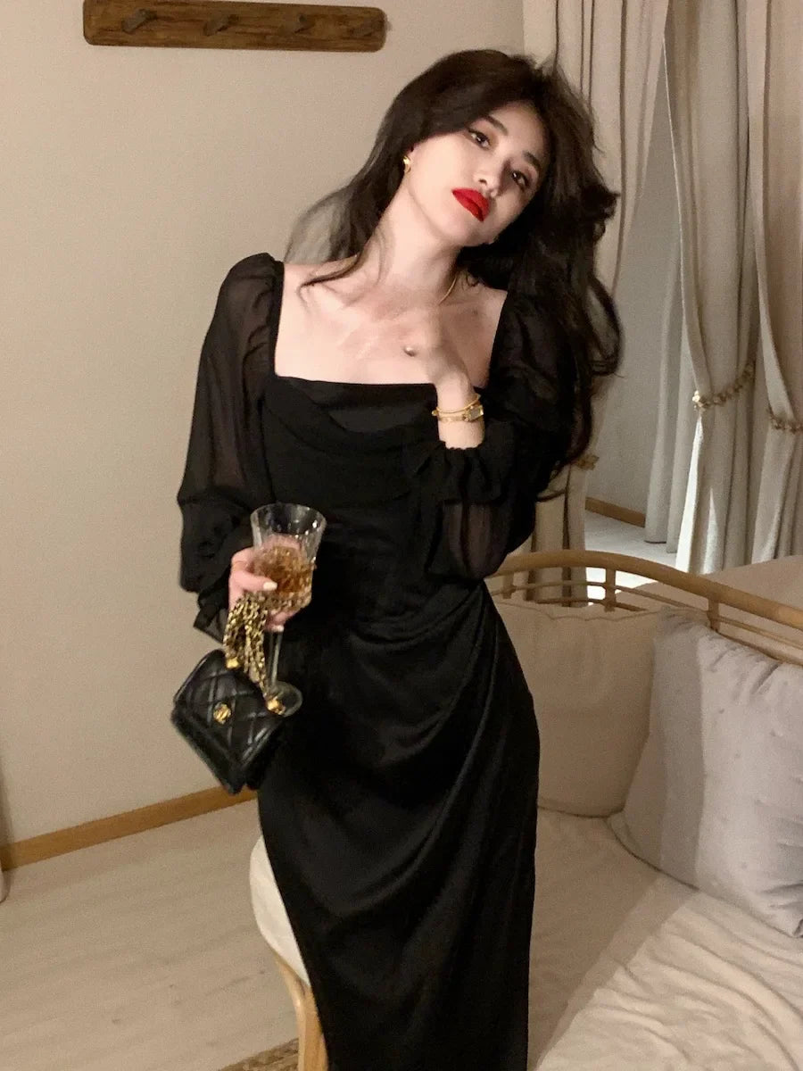 Vintage Wedding Party Midi Dresses for Women Spring New Square Collar Long Sleeves Elegant Fashion Evening Prom Female Clothing