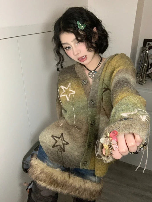 Vintage Star Knitted Cardigan Women Harajuku Autumn Winter Oversized Sweater Retro Embroidery Tops Fairycore Aesthetic