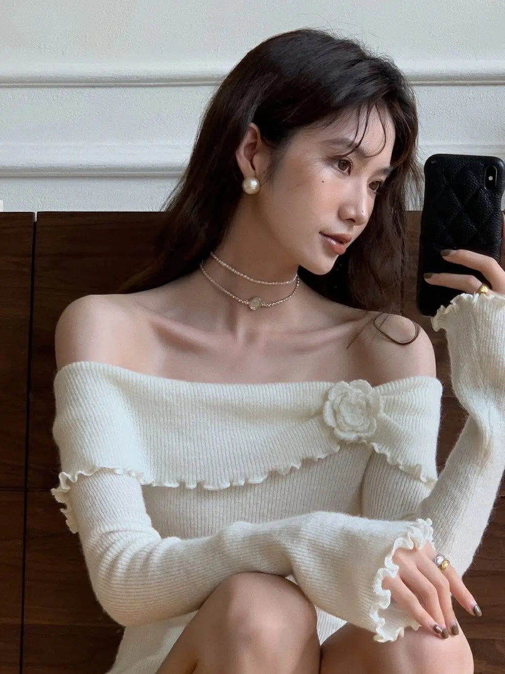 lovwvol Korean Fashion Off Shoulder Sweater Women Fairycore Aesthetic Knitted Jumper Mujer Chic Elegant Long Sleeve Top Spring