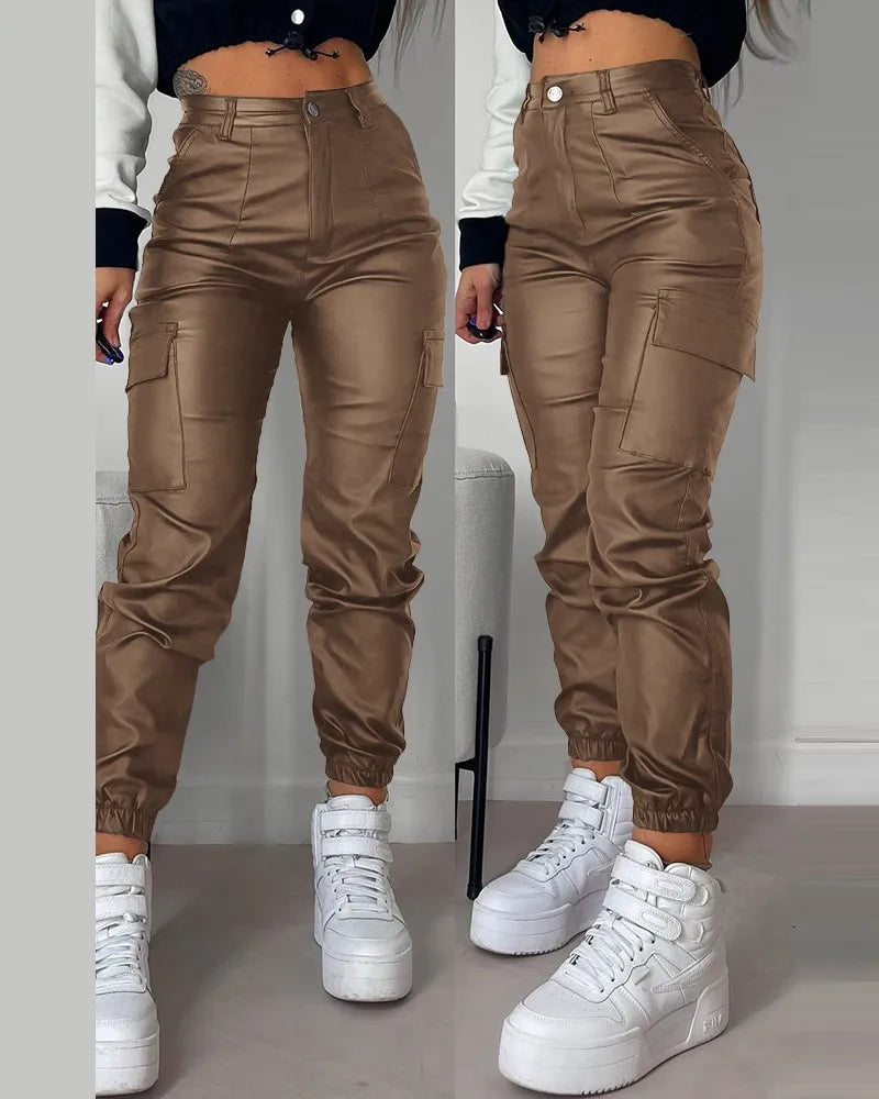 Cuffed PU Leather Pants for Women Slim Fit Long Skinny Trousers Casual and Cuffed Fashion Spring, Lady 2024