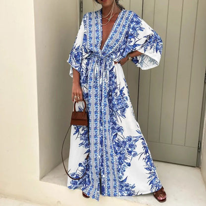 lovwvol V Neck Half Sleeve Long Dress Lace Up Vintage Printed Large Hem Dresses Womens Casual Summer Dress Loose Long Robe Vestidos