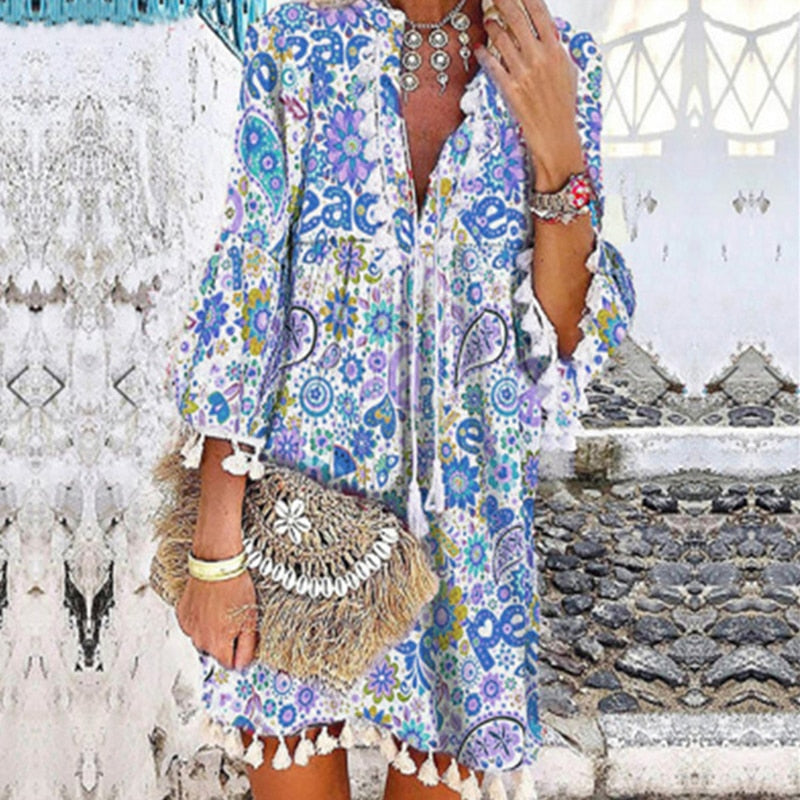 Women Vintage Print V Neck Tassel Mini Dress Casual Loose Three Quarter Sleeve Beach Dress  Spring Summer Party Dress Femme