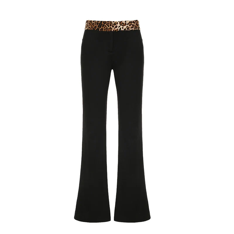 lovwvol Leopard Splice Elastic Waist Flare Leg Pants