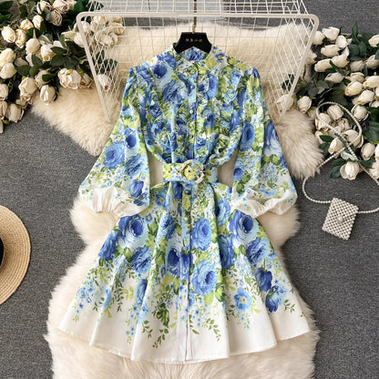 lovwvol Summer Holiday Linen Dress Women Clothing Stand Ruffles Long Lantern Sleeve Flower Print Single Breasted Belt Mini Vestidos