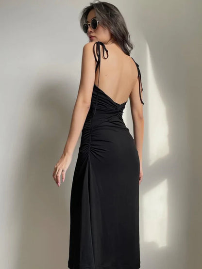 lovwvol Fashion Strappy Ruched Sexy Black Dress Irregular Elegant Backless Long Dress Party Summer Dresses Women Clothes