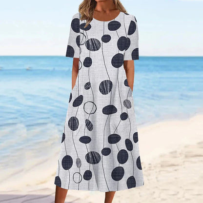 lovwvol Summer Holiday Dress Women Vintage Print Short Sleeve O Neck Pocket Casual Long Dress Boho