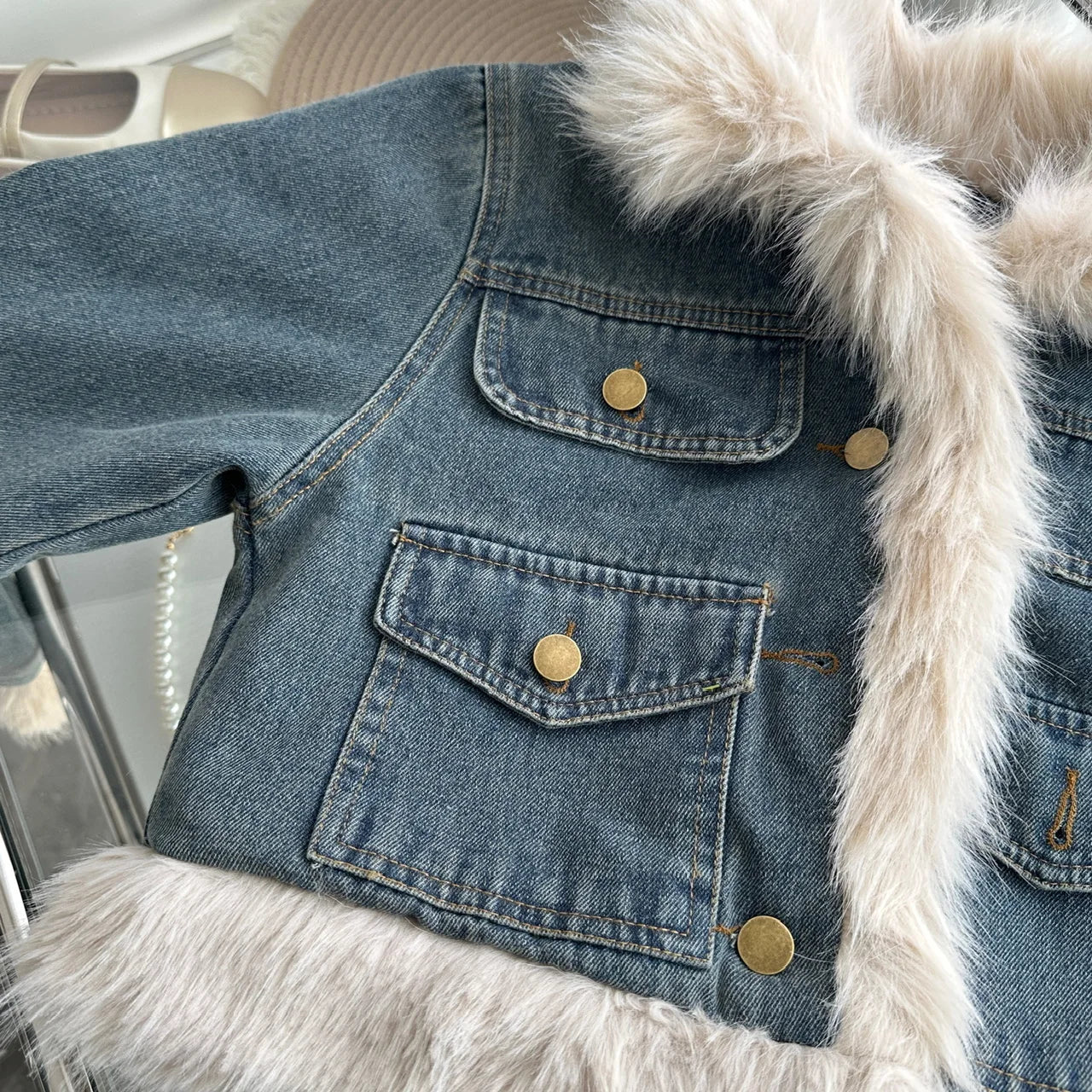 lovwvol Blue Denim Faux Fur Short Skirt Suit for Women Autumn Winter New Fashion 2-piece Set Fur Brim Style Jacket Tops+Mini Skirts