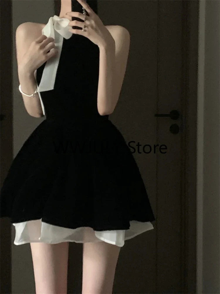 lovwvol Sexy Dress Woman Bow Bandage Sleeveless Slim Patchwork Black Mini Dresses Puffy Elegant Vintage Ladies Summer Fashion Chic