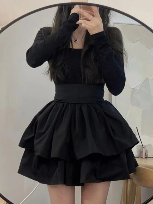 Gothic Mini Black Dresses for Women Y2K Birthday Party Princess Dress Long Sleeve A-line Ruffles Bow New Spring Prom Vestidos