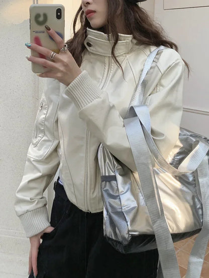 lovwvol Stand Collar Zipper Woman Pu Jackets Loose Casual Motorcycle Jaquetas Retro Cropped White Leather Jackets Autumn 2023 New Coats