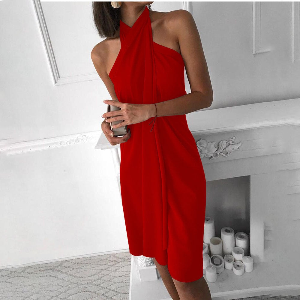 Women Sexy Halter Summer Dress Fashion Elegant Sleeveless Solid Irregular Loose Casual Boho Beach Dresses Robe Femme