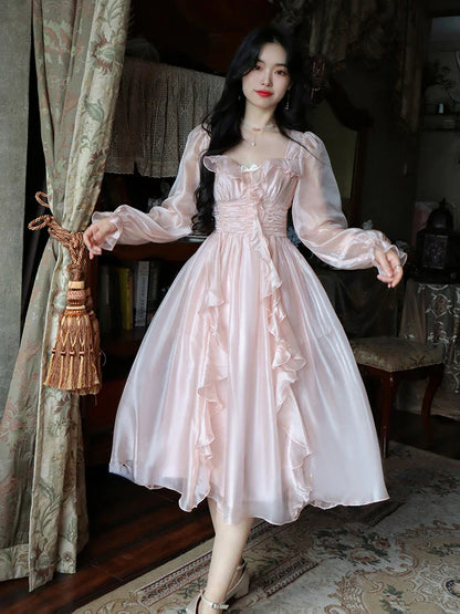 lovwvol   Autumn Vintage Party Midi Dress Women Pink Fairy Korean Style Sweet Dress Female Bubble Sleeve Elegant Evening Party Dress