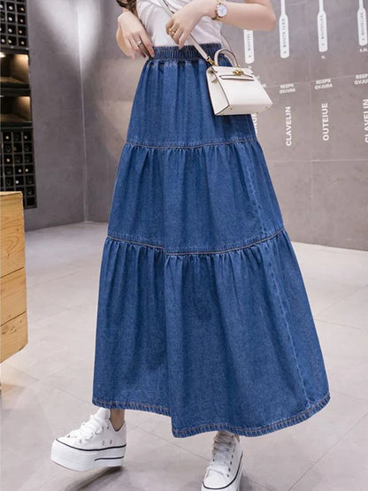 lovwvol  Denim Long Skirt Half Cake Umbrella Skirts for Woman Mid-length Elastic High Waist Dress Korean Fashion Y2k Clothing