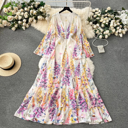 lovwvol Summer Holiday Gorgeous Cascading Cake Dress Women Flare Sleeve V Neck Flower Print Buttons Chiffon Bohemain Robe