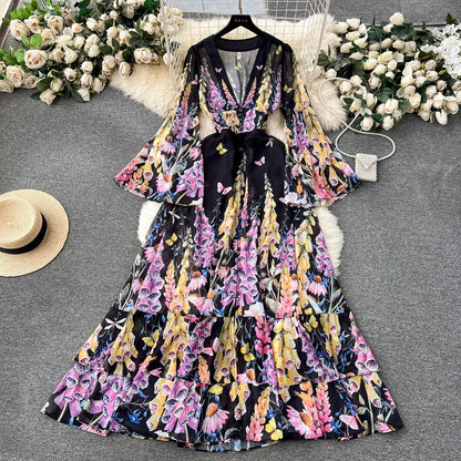 lovwvol Summer Holiday Gorgeous Cascading Cake Dress Women Flare Sleeve V Neck Flower Print Buttons Chiffon Bohemain Robe