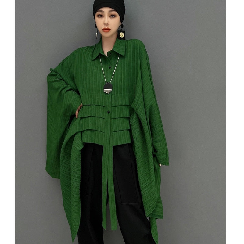 lovwvol Hot Sale Korean Version Batwing Sleeve Shirt Women Loose Black Green Irregular Blouse 2023 Summer