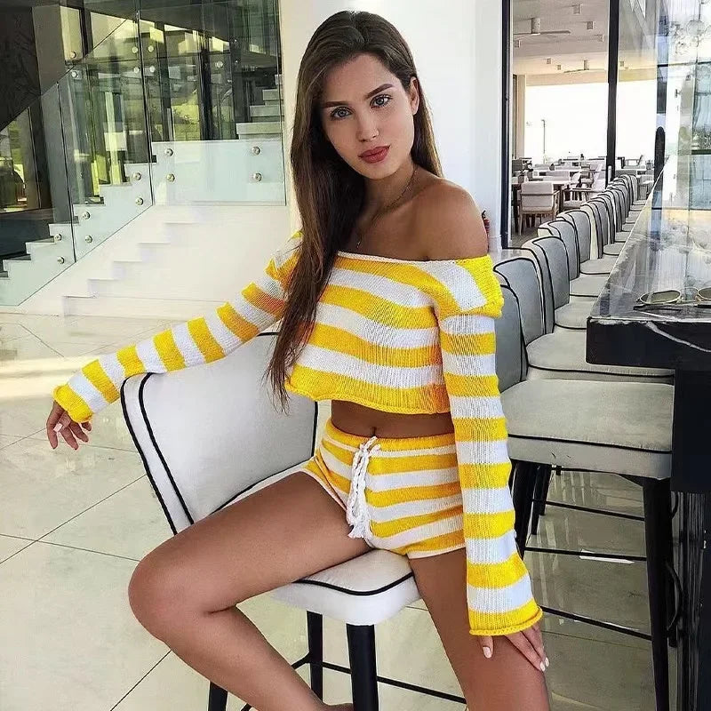 lovwvol  -  Summer Knit Stripe Crop Top Shorts Sets Women Casual Long Sleeve Top Lace Up Female Suits Spring Beach Holiday Lady Suit