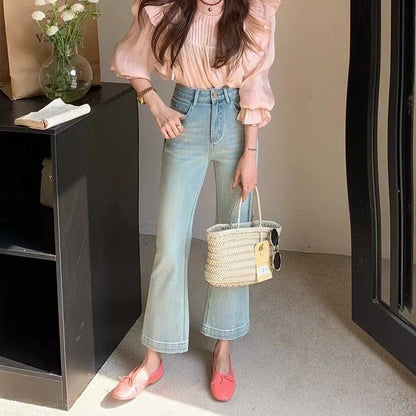 lovwvol Women's Wide Edged Micro Flared Jeans Young Girl ankle-length Denim Trousers Vintage Bottoms Female High Waisted Cropped Pants