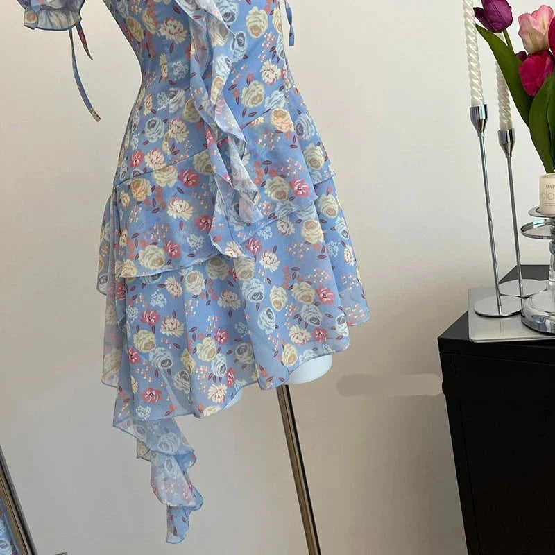 lovwvol Harajuku Sweet Floral Dress Banquet Blue A-Line Dress Romantic Coquette One-Piece Frocks Puff Sleeve Tide Spring Summer