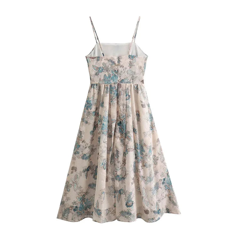 lovwvol French Vintage Spaghetti Strap Dress Sexy Elegant Women Floral Print A-line Midi Summer Dress Holiday