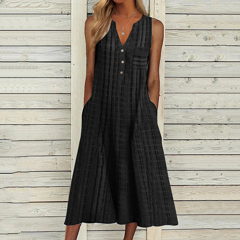 lovwvol Summer Dress Women V Neck Sleeveless Pocket Button Loose Maxi Dresses Vintage Print Party Dress 2024 A-Line Beach Dress