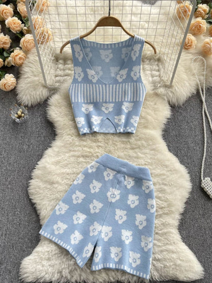 Summer Sweet Flowers Knitted Two Piece Set Women Sexy Crop Top + Shorts Suits Girls Short Vest & Pants Sets 2pcs Women Outfits