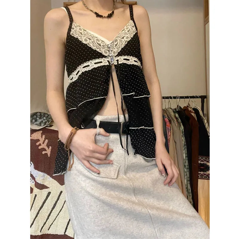 lovwvol Vintage Black Lace Camis Women Y2k Coquette Aesthetic Kawaii Crop Tank Tops Sexy Japanese 2000s Grunge Harajuku Fashion