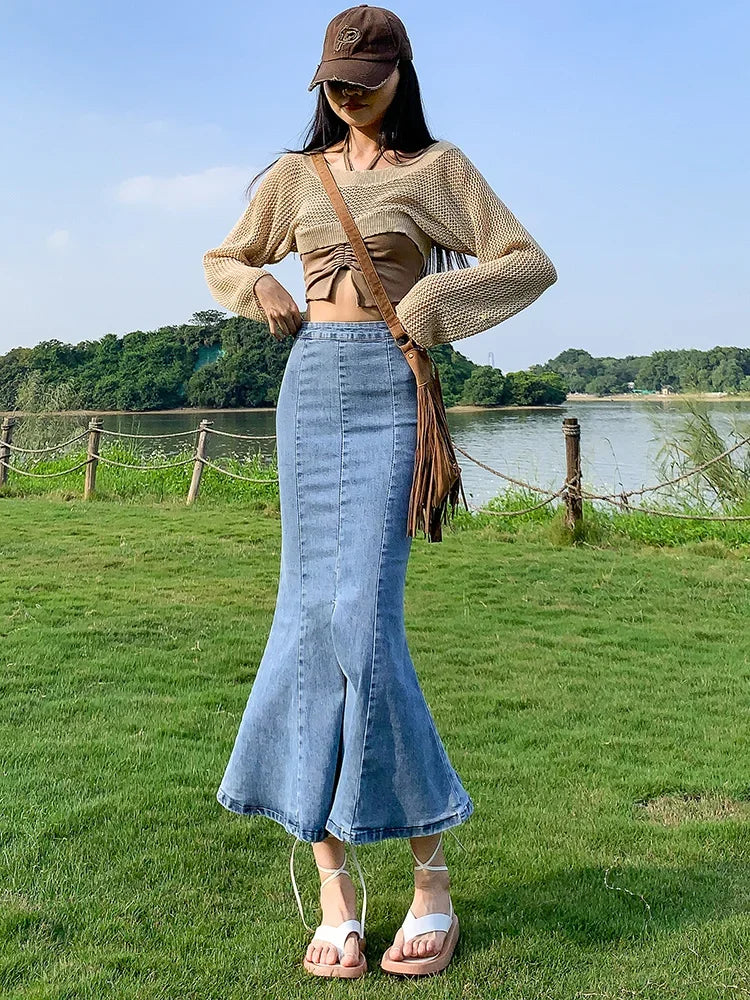 lovwvol  -  Korean Casual High-waisted Denim Mermaid Skirt Women's Spring Fashion Tight Slit Wrap Hip Skirt Female Clothing