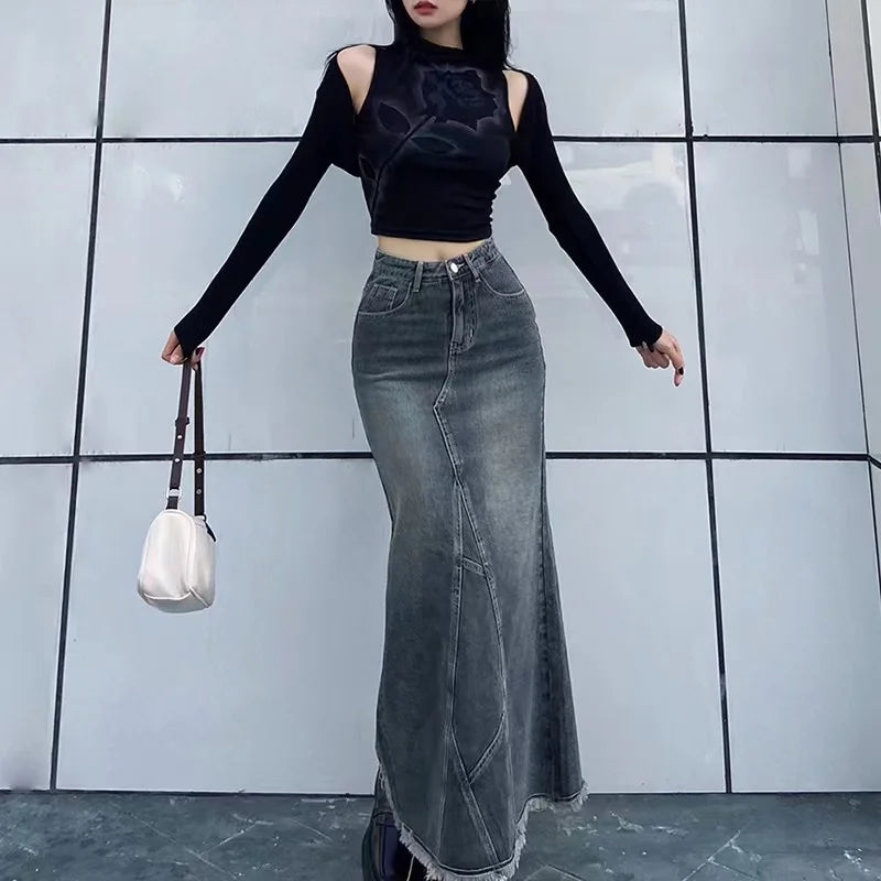 lovwvol  -  Autumn Retro Classic All-Match Skirt Women Casual Commuter Outing Tight Sexy Irregular Long Denim Vitality Skirt Girl Cool