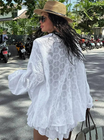 lovwvol White Long Sleeved Shirt Shorts Sets Women Loose Round Neck Single Breasted Blouse Suit 2024 Summer Fashion Lady Streetwears