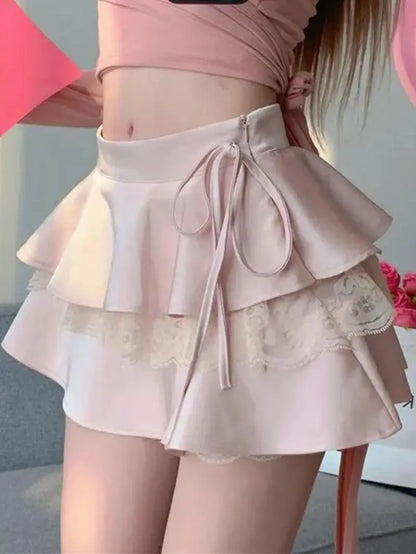 Kawaii White Ruffle Mini Skirt Women Summer High Waist Bandage Fairycore Lace Double-layer Skirt Korean Fashion Cute Sexy Skirts