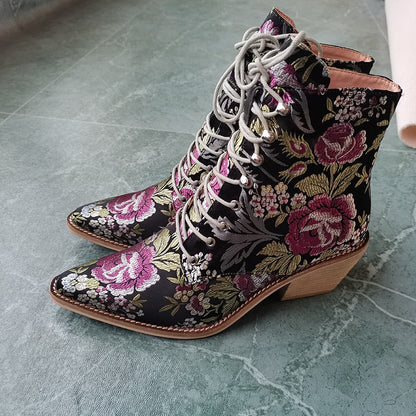 lovwvol HOT sale Women ankle boots plus size 22-26.5cm Chinese style embroidered flowers lace-up booties tapered heel women boots