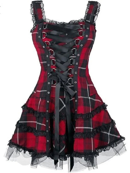 Plaid Bandage Gothic Women A-line Dresses Grunge Aesthetic Lace Trim Patchwork Mini Dress Punk Bodycon Sexy Partywear