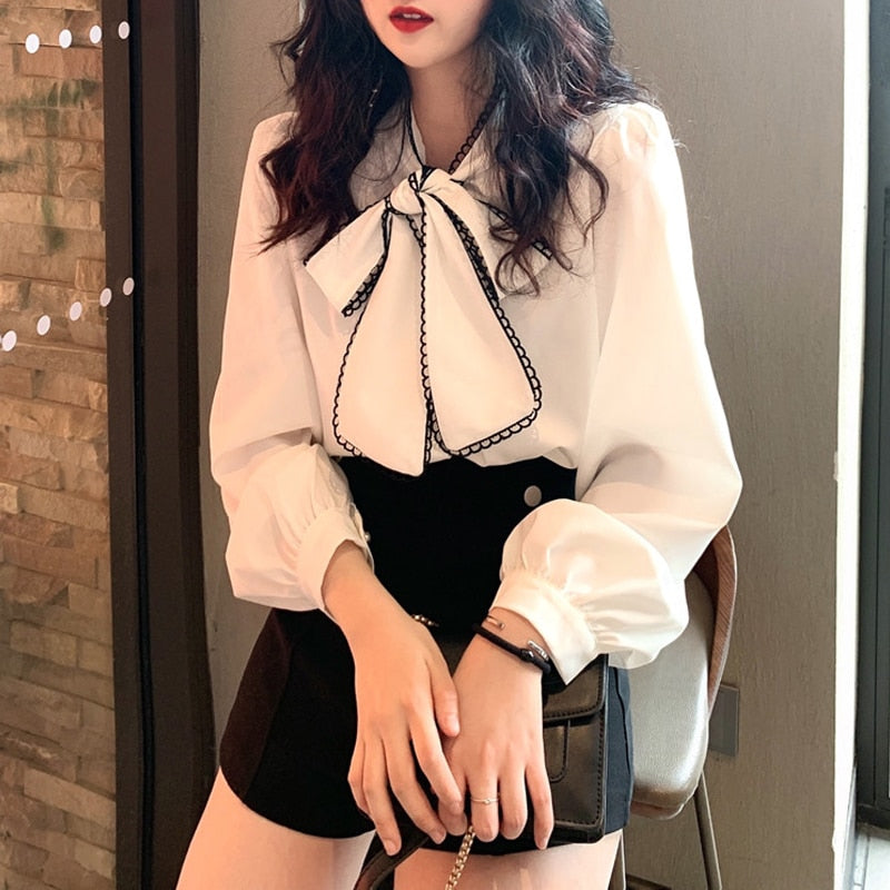 Sweet Ladies White Ribbon Bowknot Shirt 2023 Spring New Elegant Women's Solid Color Bow Long Sleeve Tops Female Fashion Bllouse