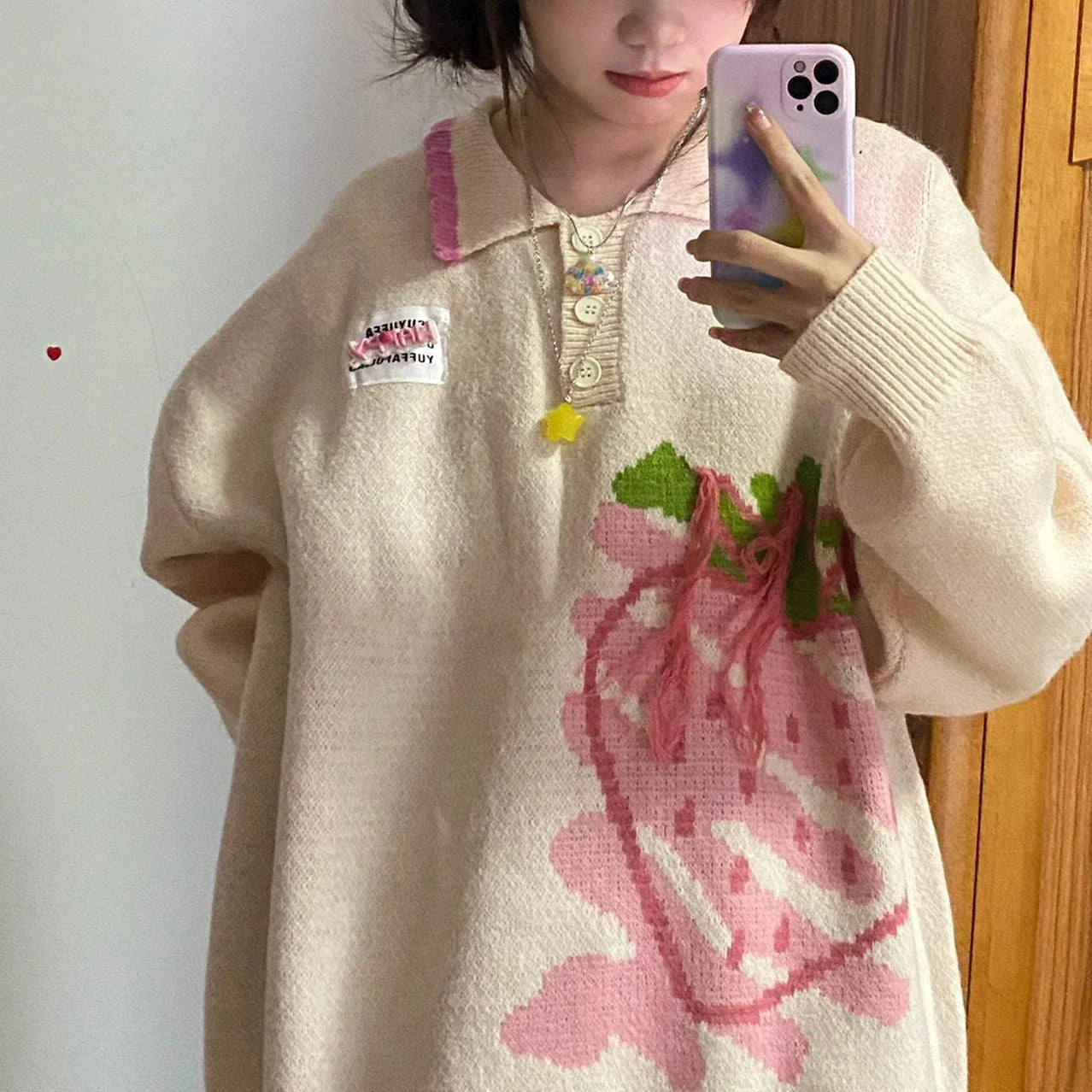 Japanese Kawaii Sweater Women Harajuku Knitted Jumper Loose Casual Strawberry Contrast Knitwear Tops Cute Streetwear