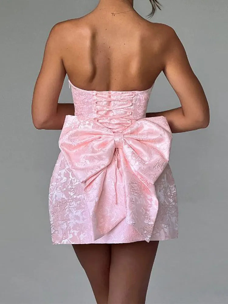 Solid Casual Backless Spliced Bow Mini Dresses Women Loose Strapless Sleeveless High Waist Slim Dress Fashion Elegant Partywear