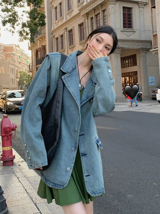 lovwvol  -  Women's Denim Jacket Long Sleeve Jean Jacket Harajuku Korean 90s Vintage 2000s Fashion Oversize Outerwear Top 2000s Clothes