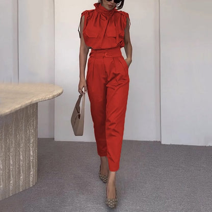 Two Piece Sets Women Summer 2023 Elegant Sleeveless Chic Long Pants Sets Tie Neck Belt Solid Office Outfit With Pocket