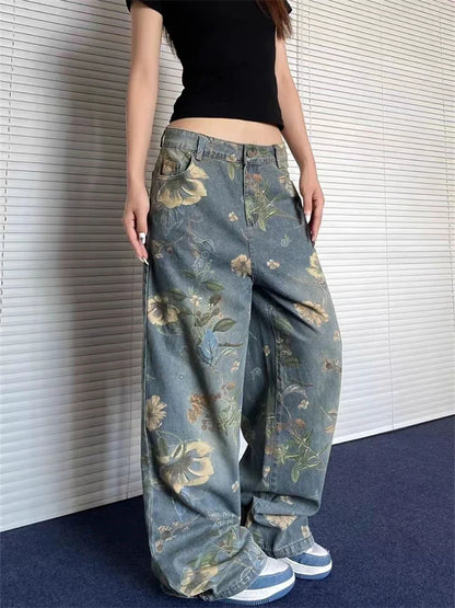 lovwvol Women's Retro Floral Print Straight Baggy Jeans Cool Girl High Waisted Fashion Pants Female Straight Wide-leg Denim Trousers