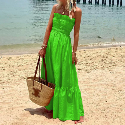 lovwvol Women Sexy Pleated Elastic Strapless Long Dress Vintage Summer Solid Slim A-Line Beach Dress Fashion Holiday Maxi Party Dresses